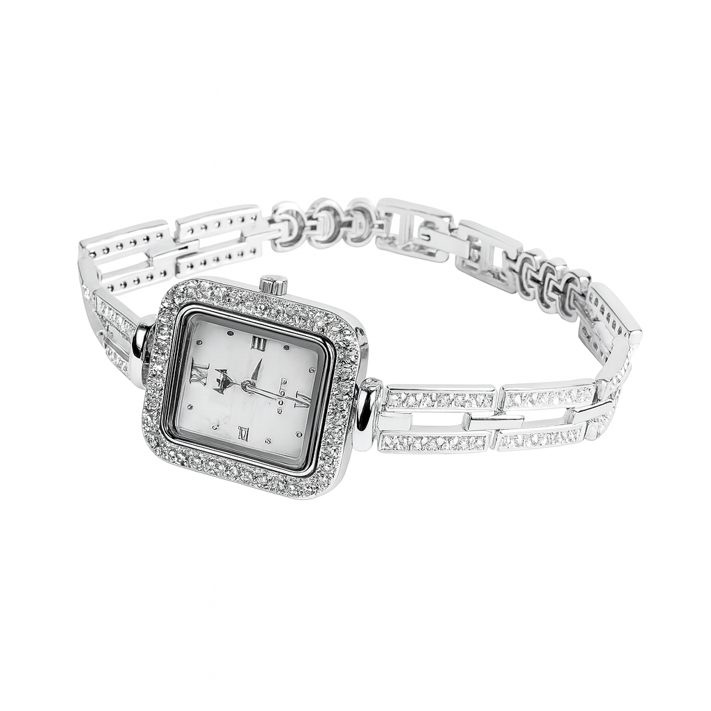 Silver bracelet watch with a square face on a white background
