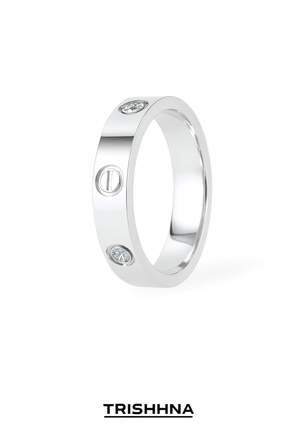 Silver ring with embedded stones on a white background, featuring the brand 'TRISHNHA'.