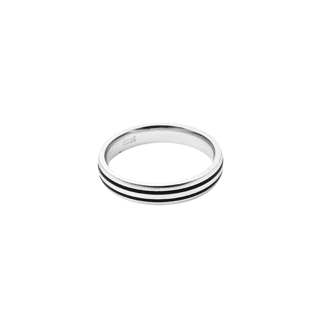 Silver ring with two horizontal stripes on a white background
