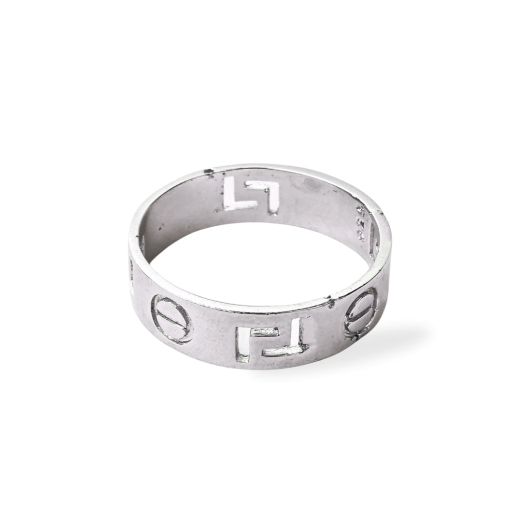 Silver ring with engraved symbols on a white background, featuring the brand 'TRISHNNA'.