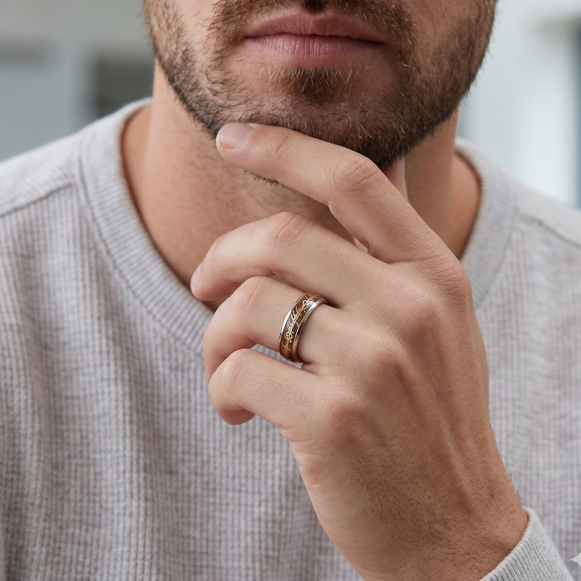 Man wearing a gold ring on his finger, with a blurred background