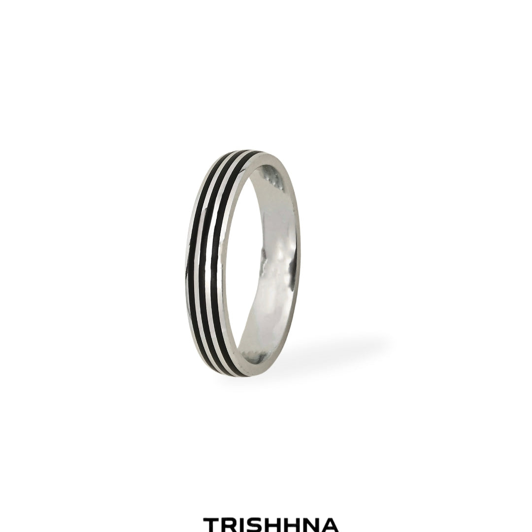 Silver ring with black stripes on a white background, branded 'Trishhna'.