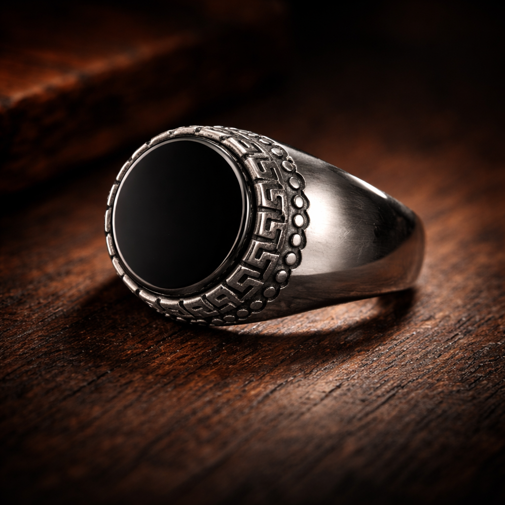 Silver ring with black stone on a wooden surface