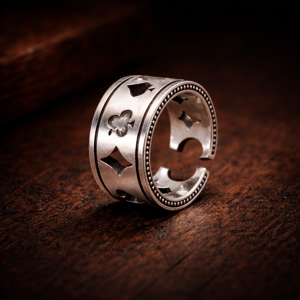Silver ring with decorative patterns on a wooden surface