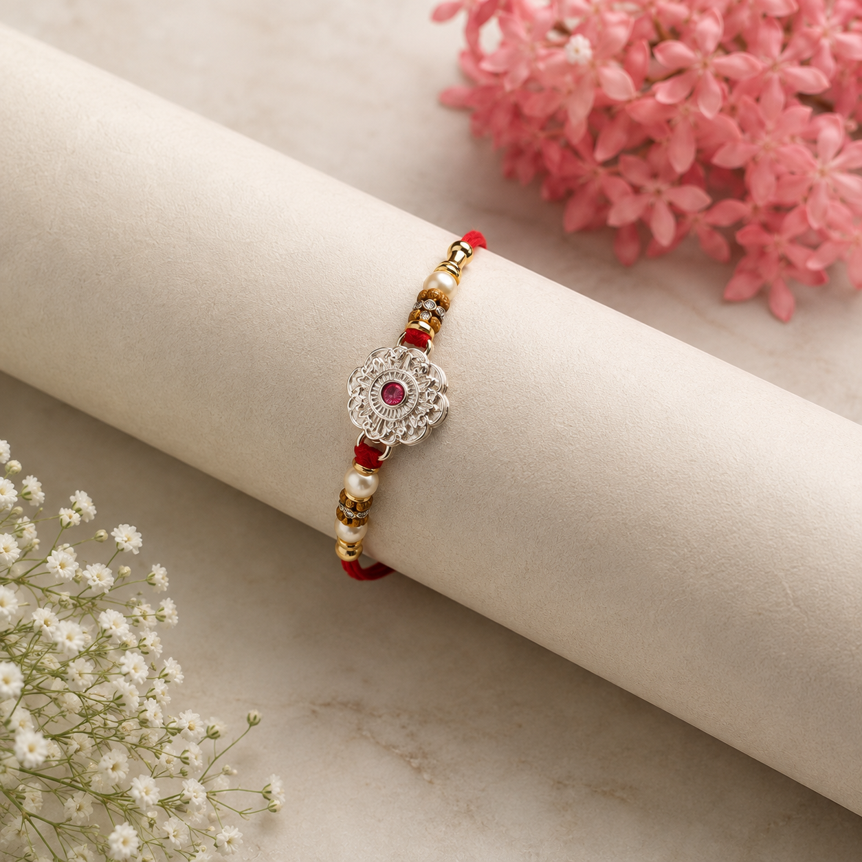A traditional Indian Rakhi bracelet with a silver-toned floral center, red thread, and white faux pearls, displayed on a cream-colored paper roll with pink and white flowers in the background.