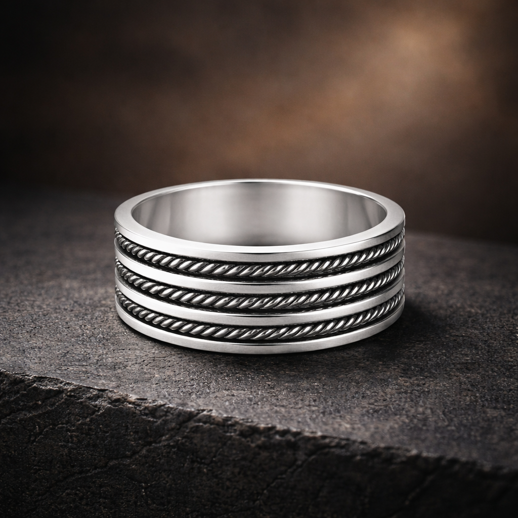 Stack of silver rings with textured bands on a dark surface