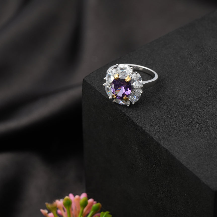 SHINY SILVER ROUND CUT RING WITH SPARKLING LILAC STONES