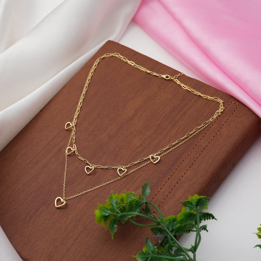 GOLD  PLATED SILVER LAYERED NECKLACE WITH SHINY HEARTS