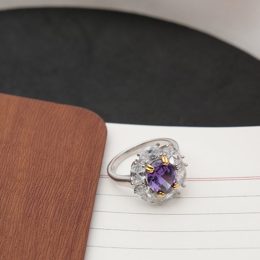 SHINY SILVER ROUND CUT RING WITH SPARKLING LILAC STONES