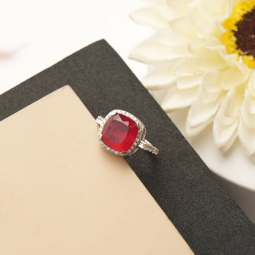 SILVER RING WITH SHINY RED STONE