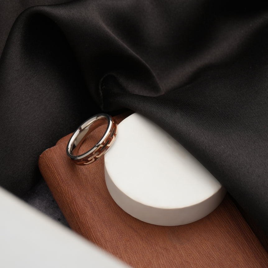 WOOD TEXTURE ENAMEL PLATED SILVER RING