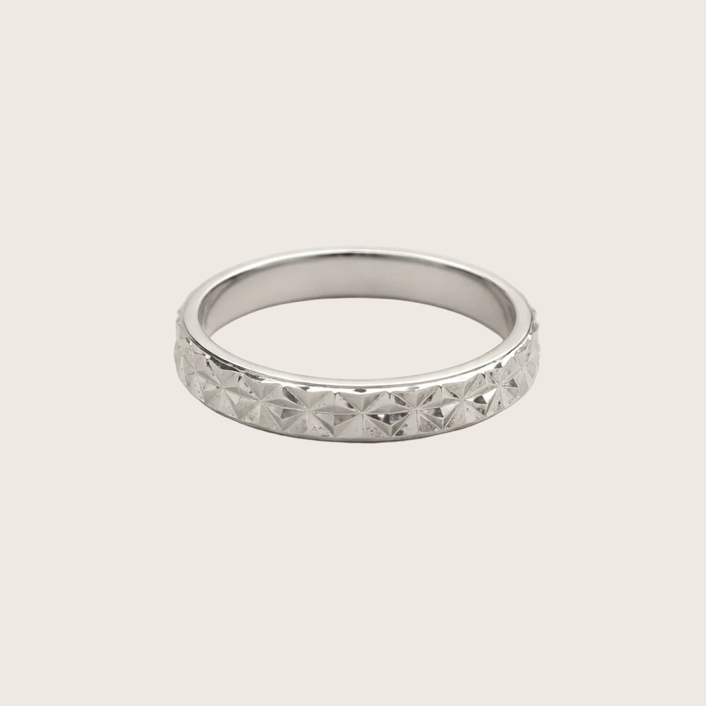 Silver ring with a textured band on a white background