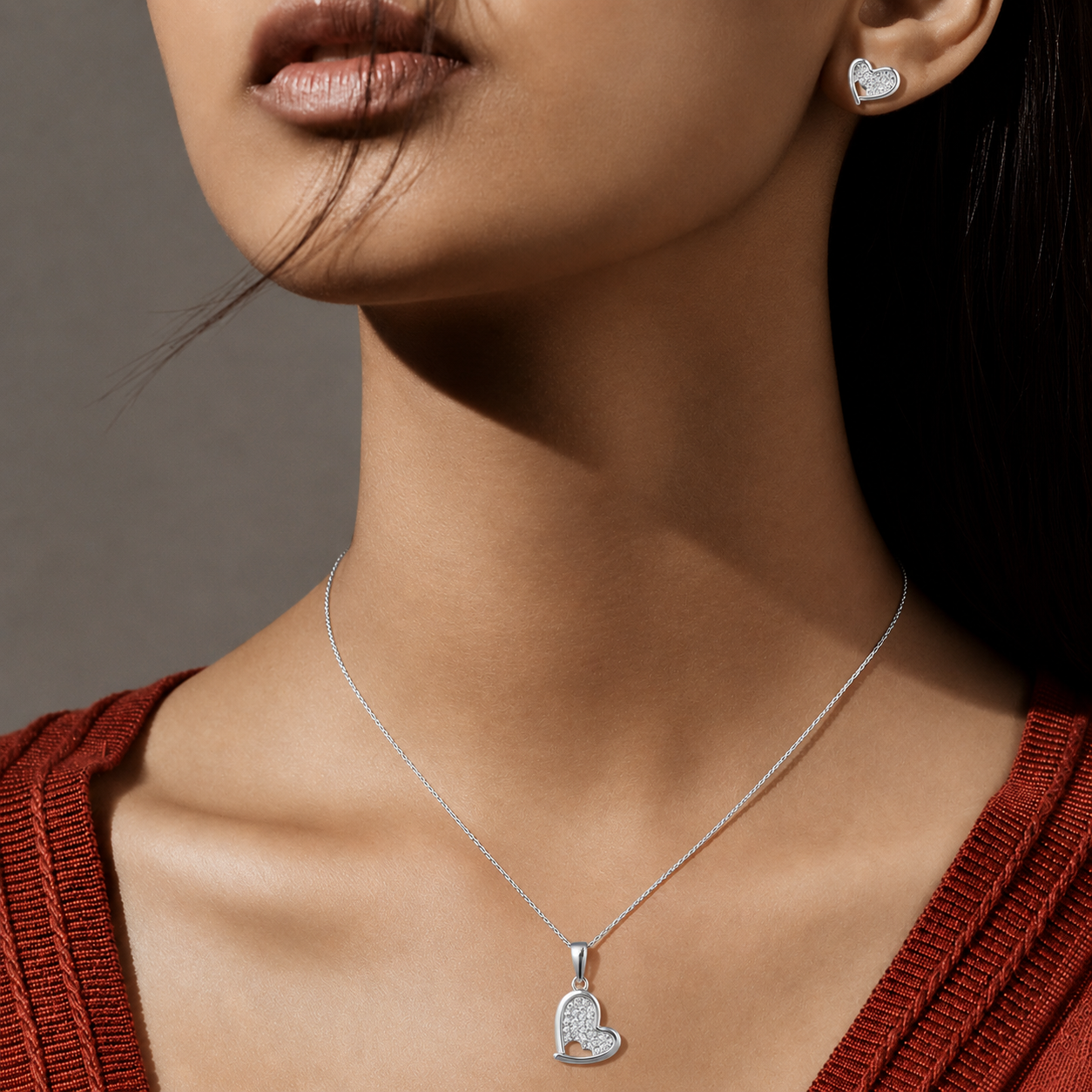 Silver Heart Studs Earrings With Pendant For Women