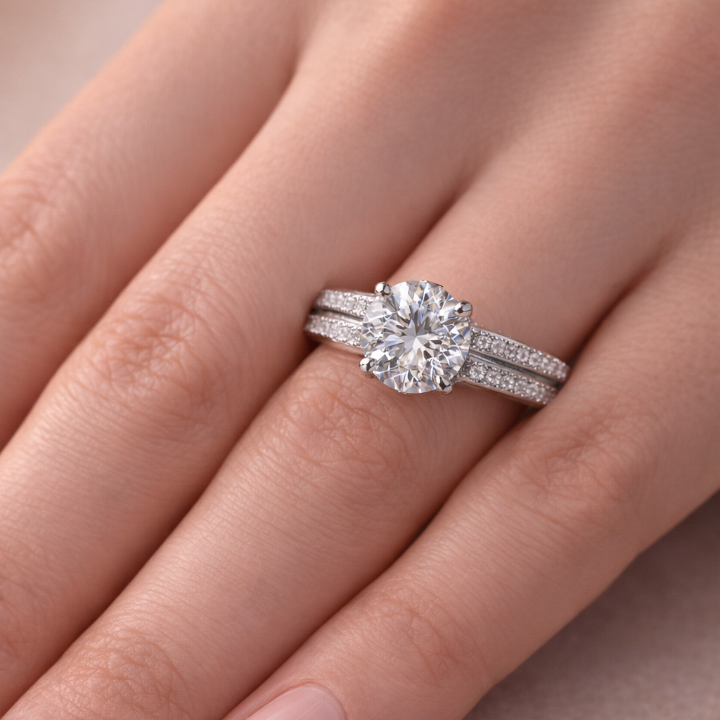 Diamond ring on a hand against a neutral background