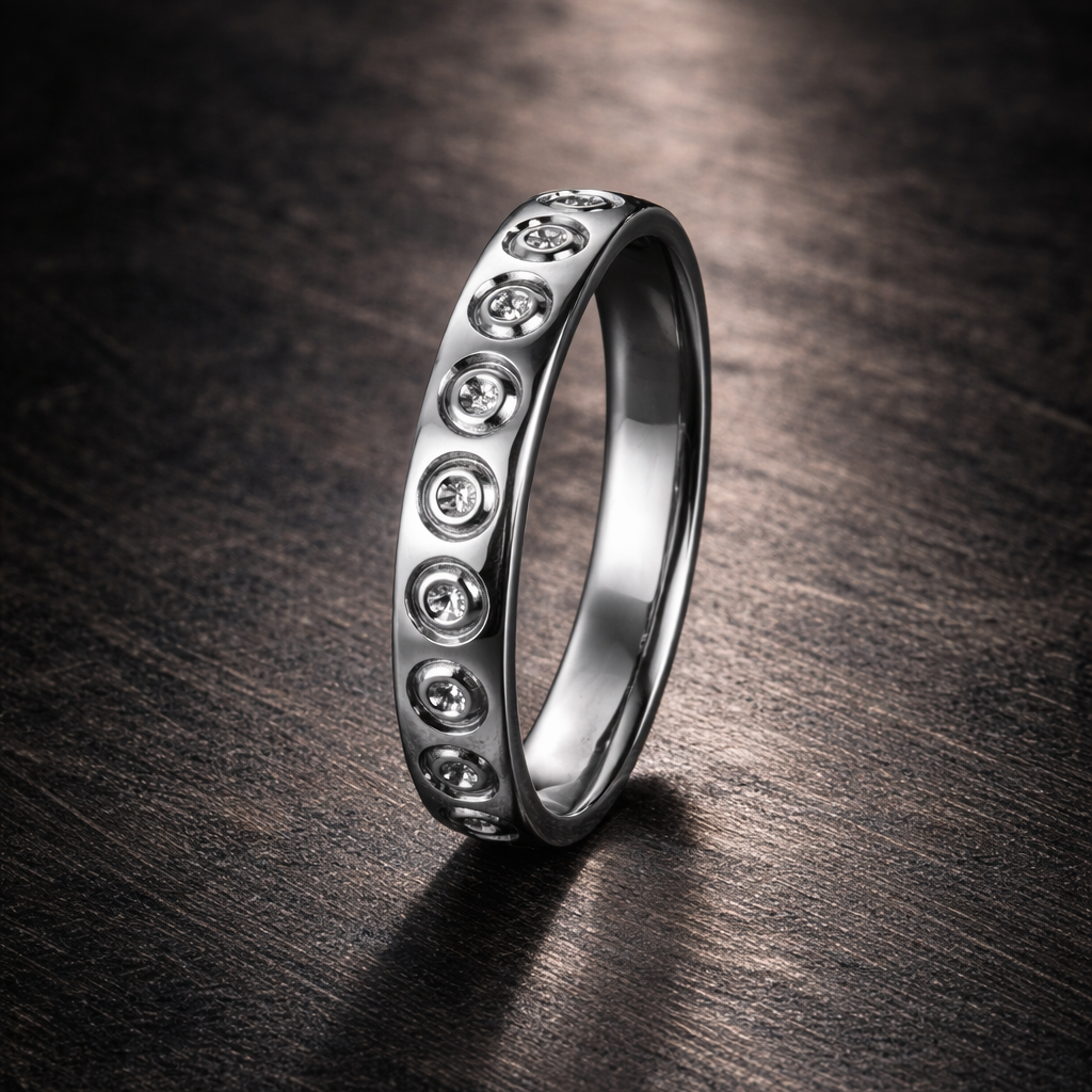 Silver ring with embedded stones on a dark wooden surface