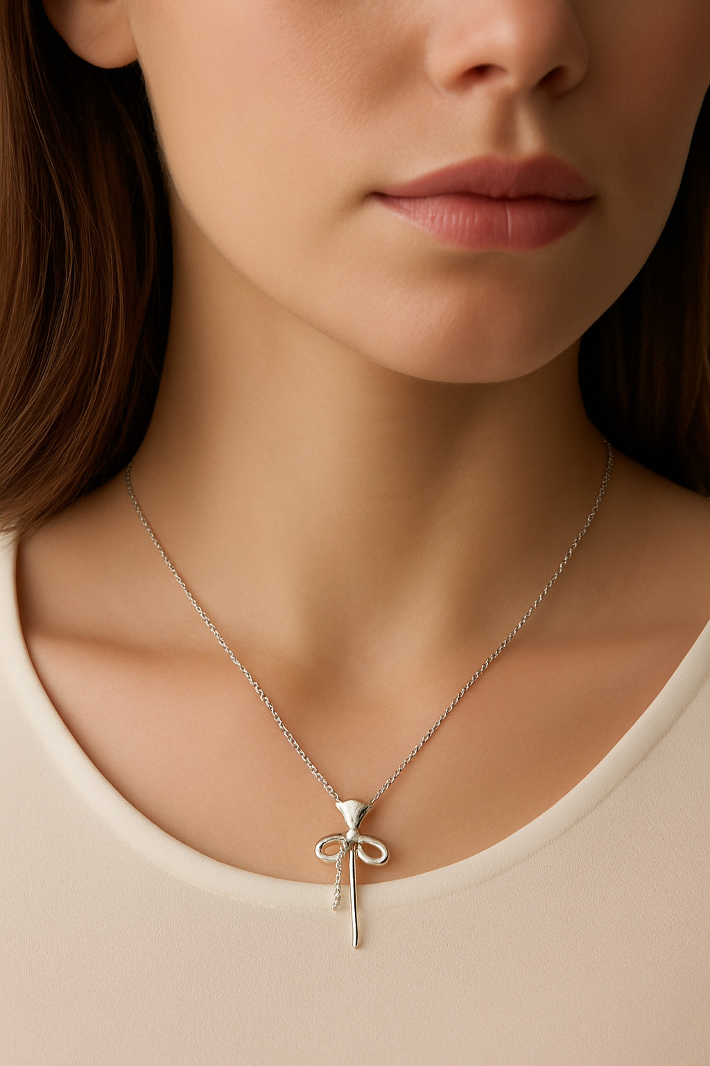 Silver necklace with a bow pendant worn by a person