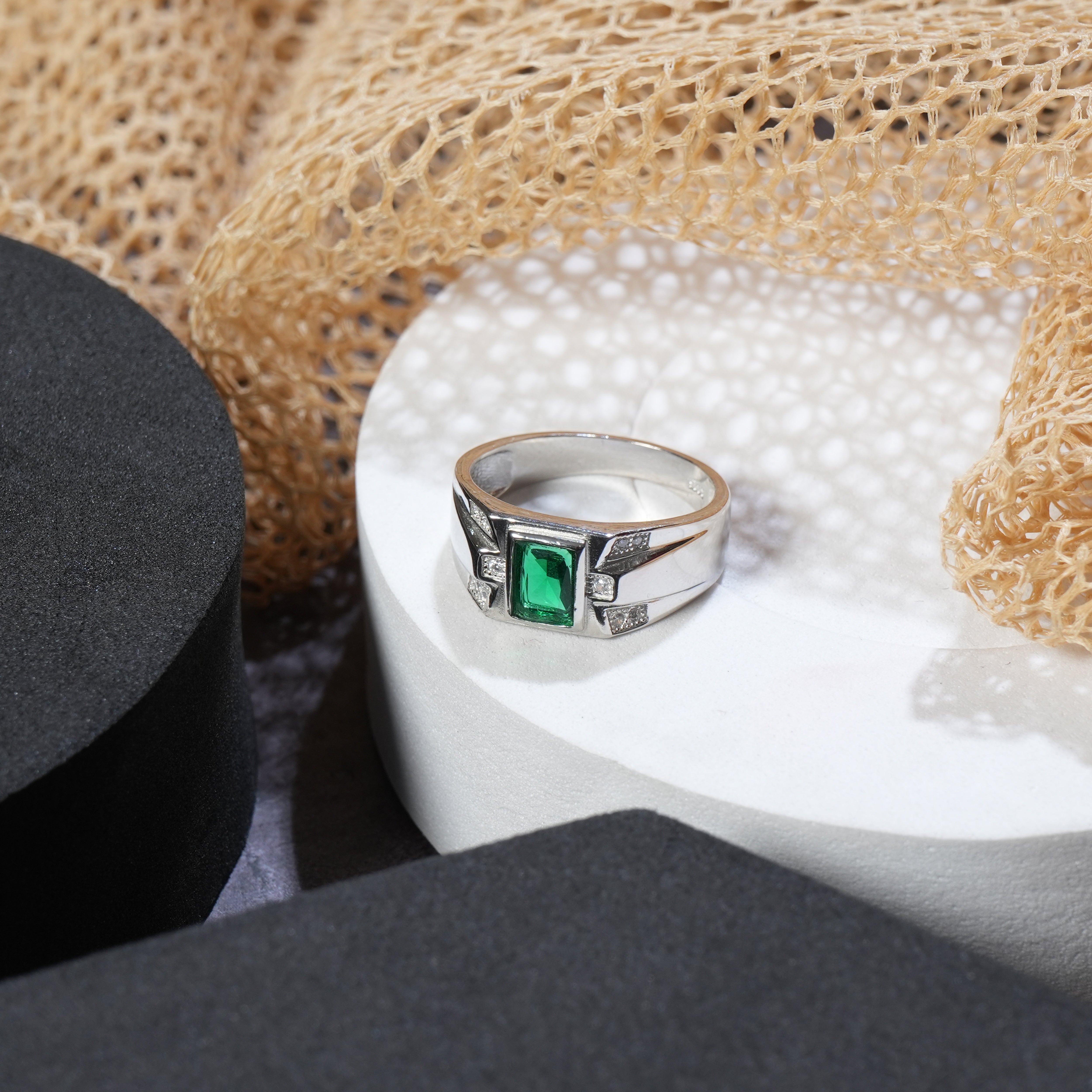 GREEN STONE SILVER RING FOR MEN - Main Image