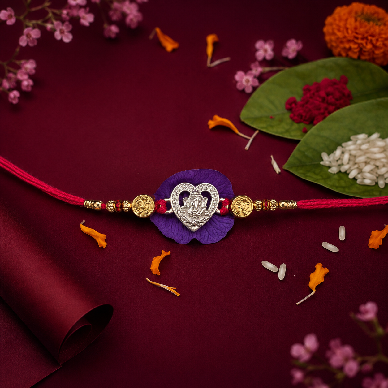 A red string rakhi bracelet with a silver heart-shaped pendant, gold-toned beads, and a purple flower accent, arranged on a deep burgundy fabric with floral and rice props.
