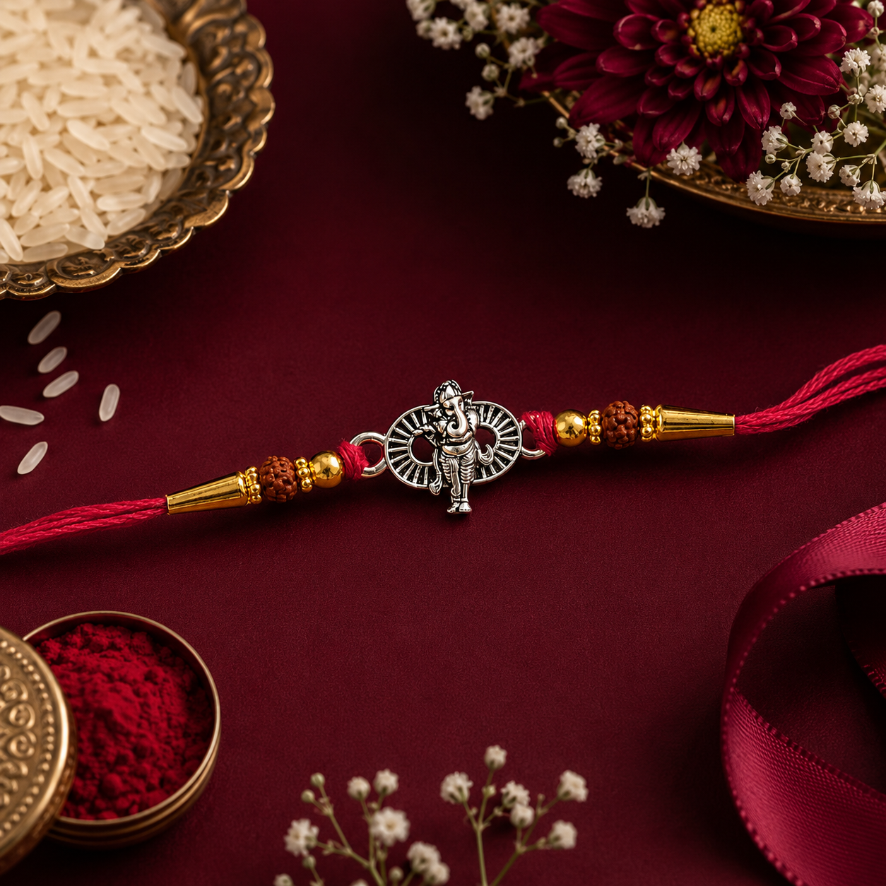 A red and gold braided Rakhi with a silver-tone Ganesha charm, styled on a deep red background with decorative props including rice, flowers, and a small pot of red powder.