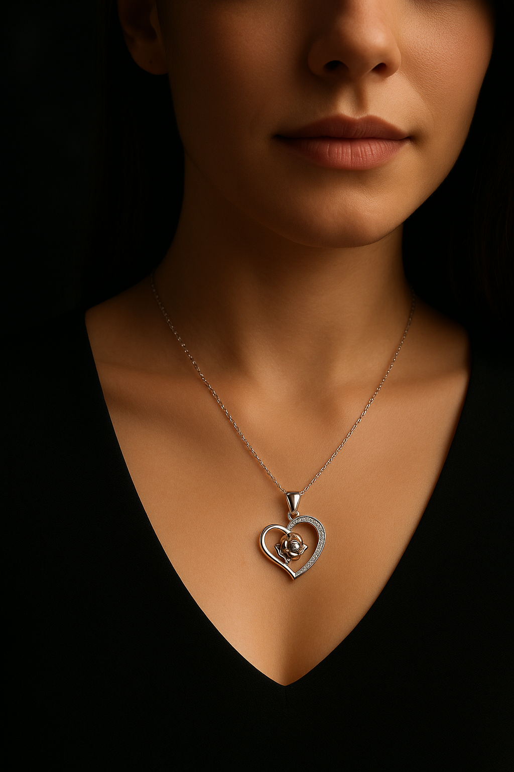 Heart-shaped silver necklace worn by a person against a dark background