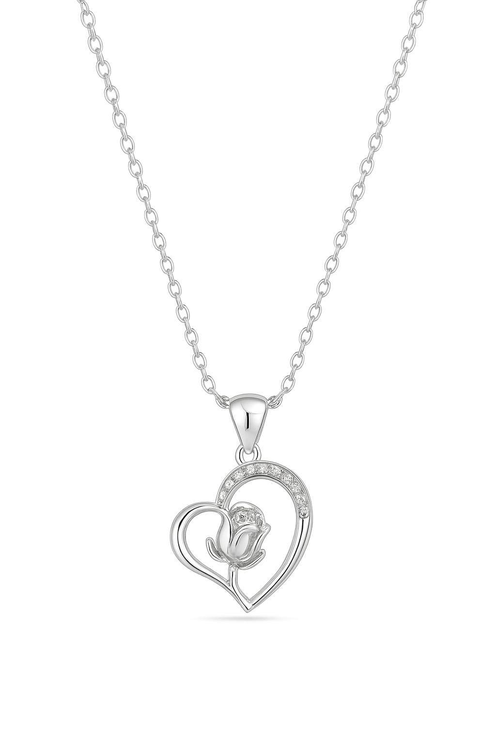 Silver necklace with a heart-shaped pendant featuring a rose design on a white background