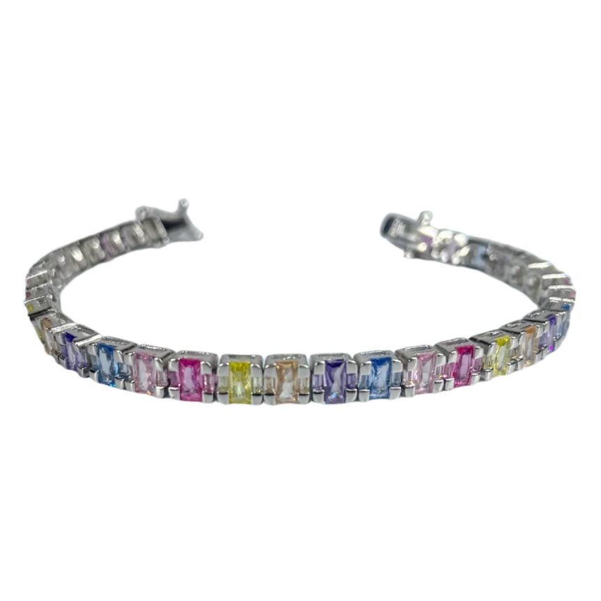 silver bracelet with cylindrical design and multicolour stones