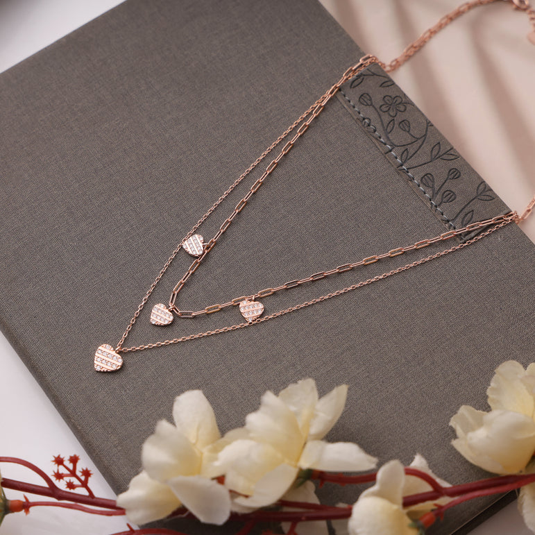 ROSE GOLD PLATED SILVER HEART LAYERED NECKLACE