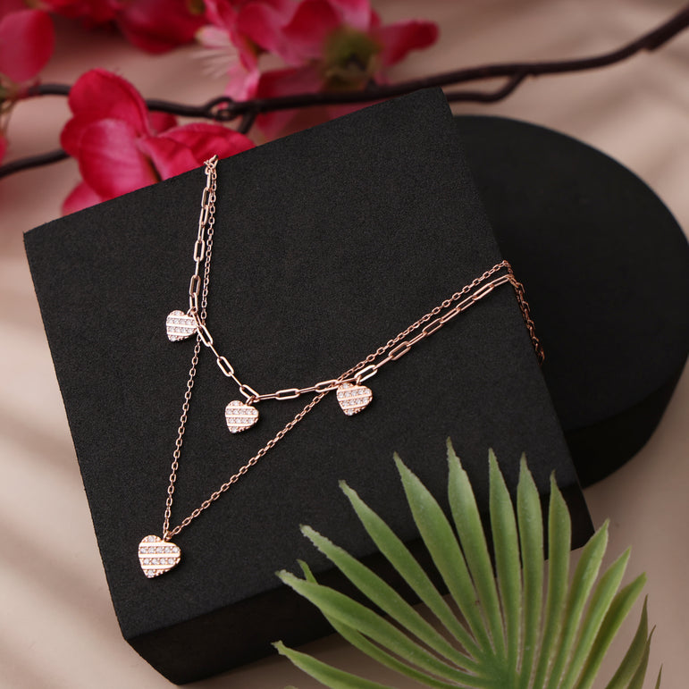 ROSE GOLD PLATED SILVER HEART LAYERED NECKLACE