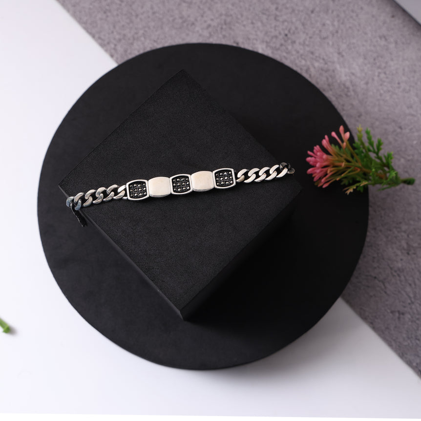 Black and Silver Rectangle Silver Bracelet for Men