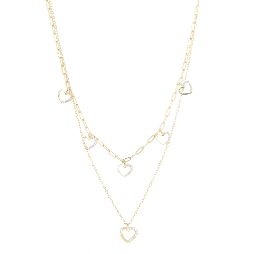 GOLD  PLATED SILVER LAYERED NECKLACE WITH SHINY HEARTS