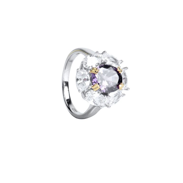 SHINY SILVER ROUND CUT RING WITH SPARKLING LILAC STONES