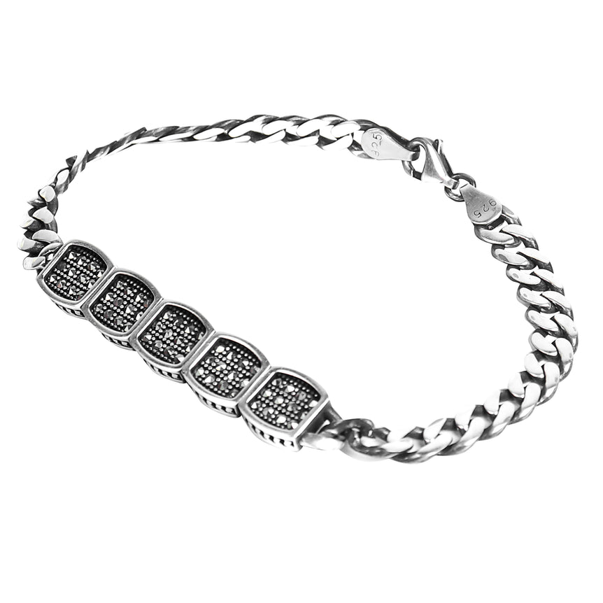 silver men bracelet with black stones