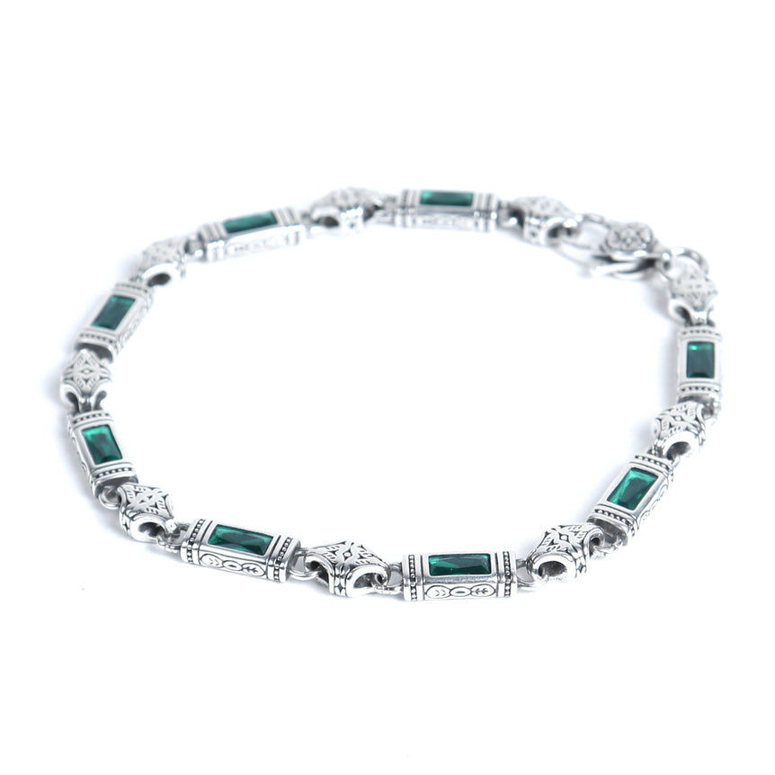 MEN SILVER BRACELET CHAIN PATTERN AND GREEN STONES