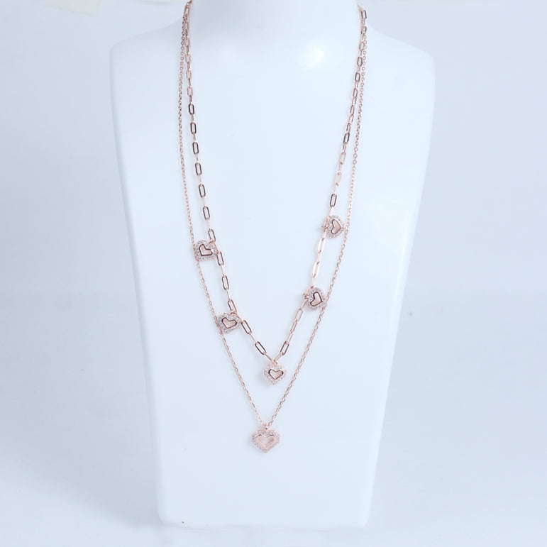 ROSE PLATED SILVER LAYERED NECKLACE WITH SHINY HEARTS