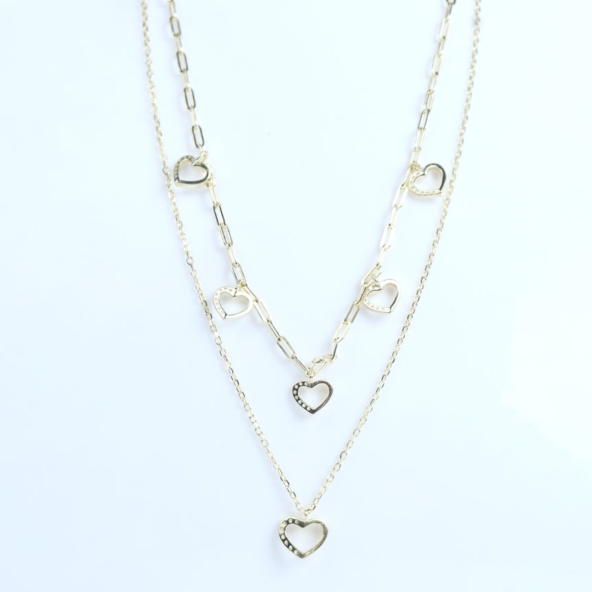 GOLD  PLATED SILVER LAYERED NECKLACE WITH SHINY HEARTS