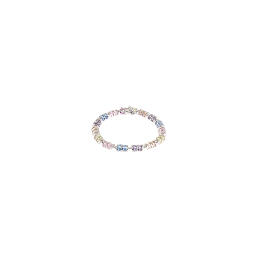 silver bracelet with cylindrical design and multicolour stones