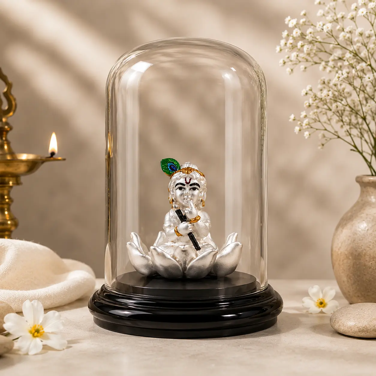A silver-toned Lord Krishna figurine seated on a lotus, enclosed under a clear glass cloche with a black base, styled on a tabletop with a brass lamp, flowers, and a vase in the background.