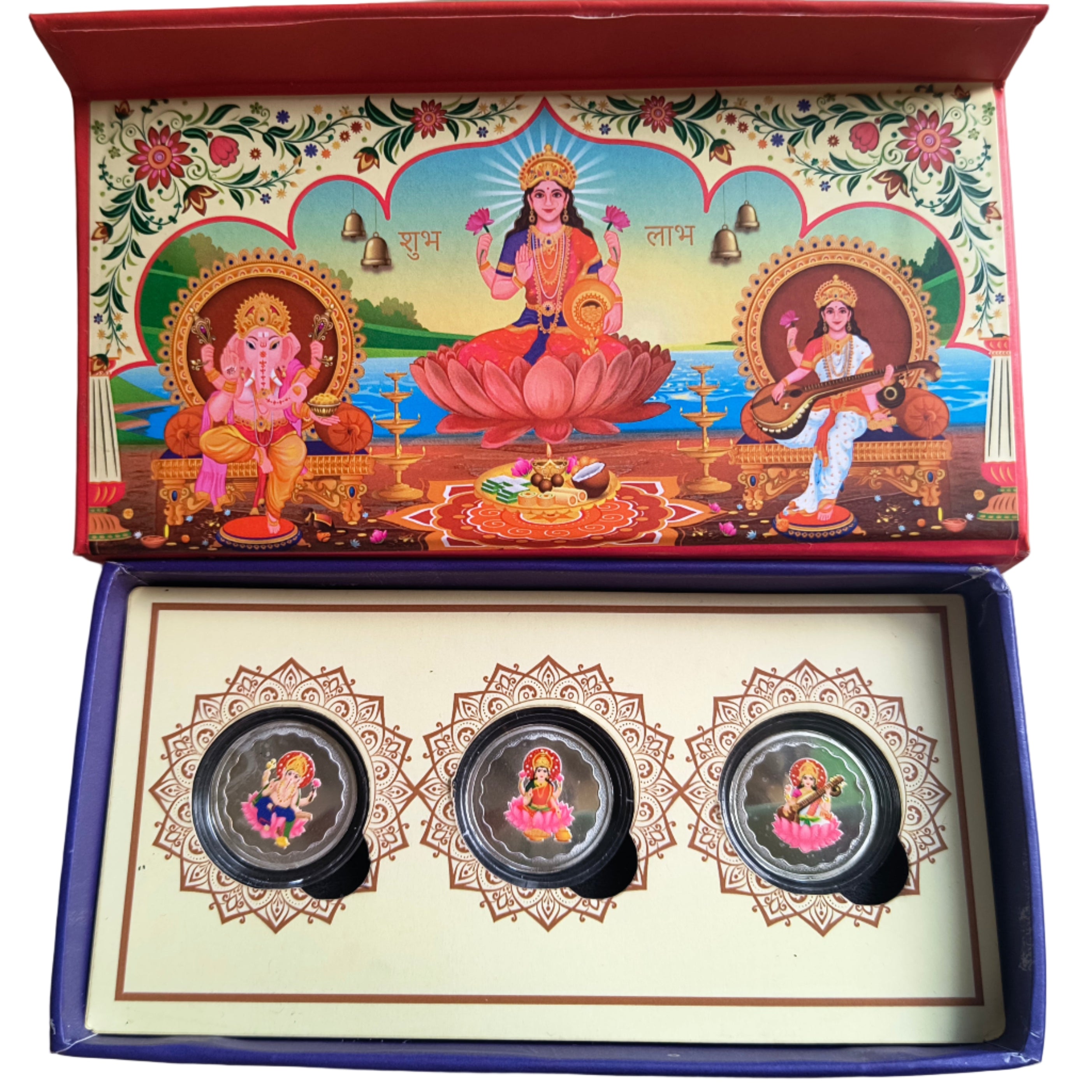 Decorative box with images of deities on a plain background