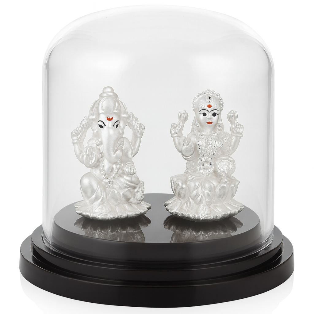 Two silver神像figures under a glass dome on a white background