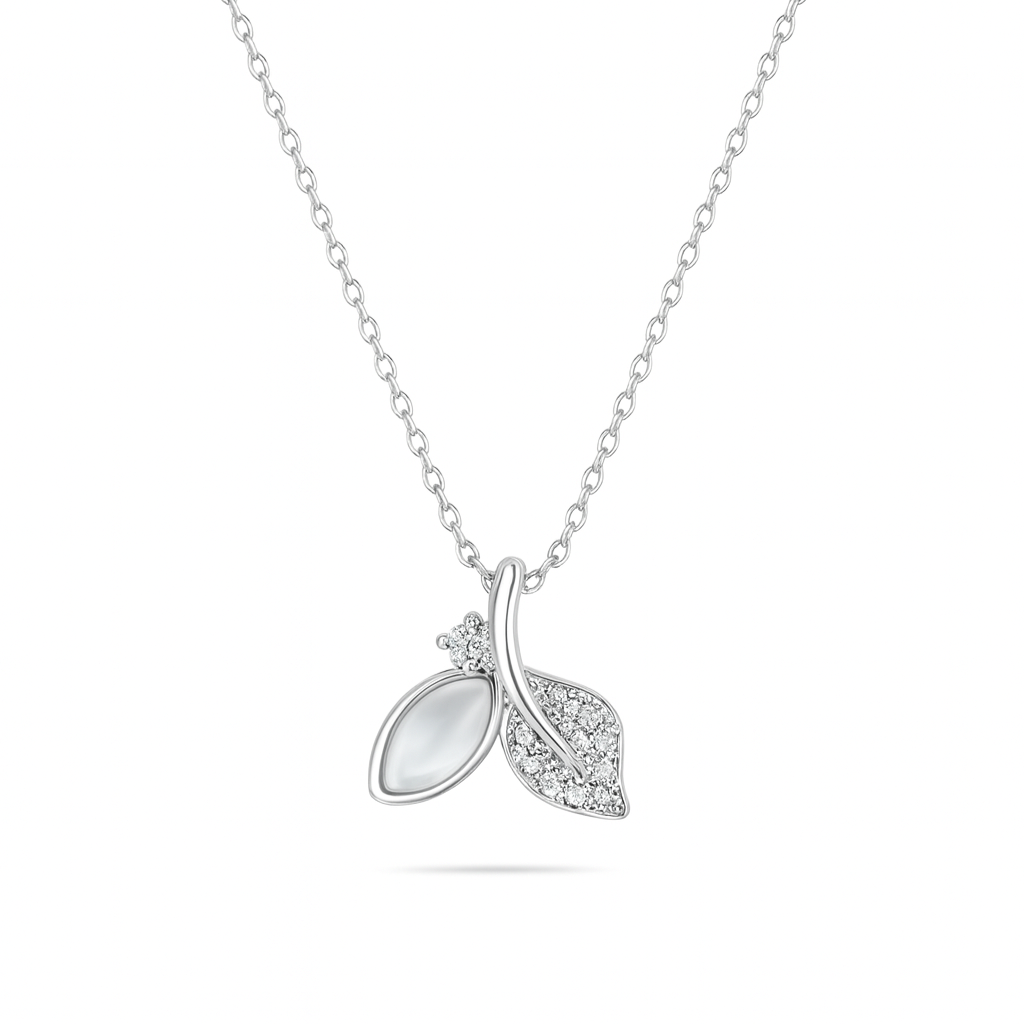 Silver necklace with leaf-shaped pendant on a white background