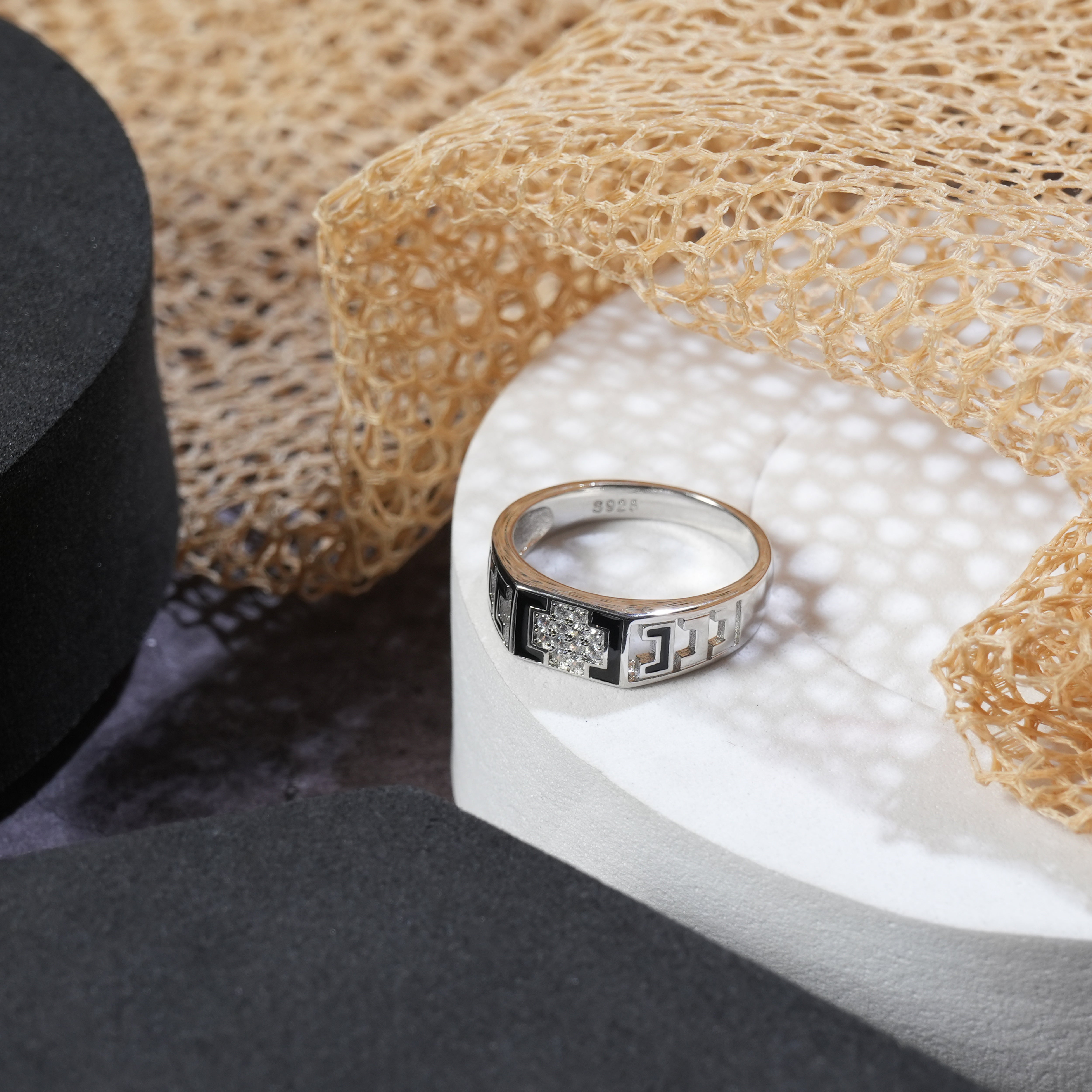 Embedded cross silver ring for men