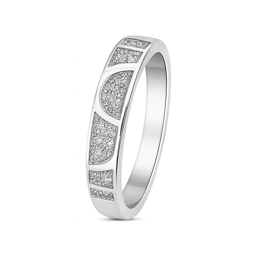 Silver ring with embedded diamonds on a white background