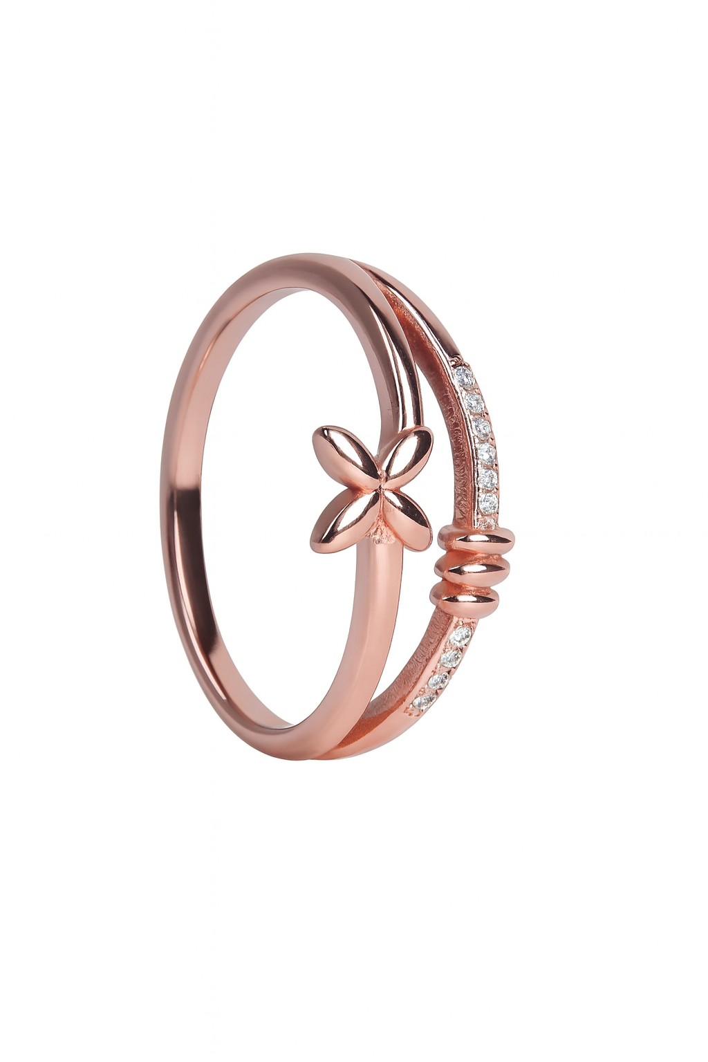 Rose gold ring with butterfly design and small diamonds on a white background