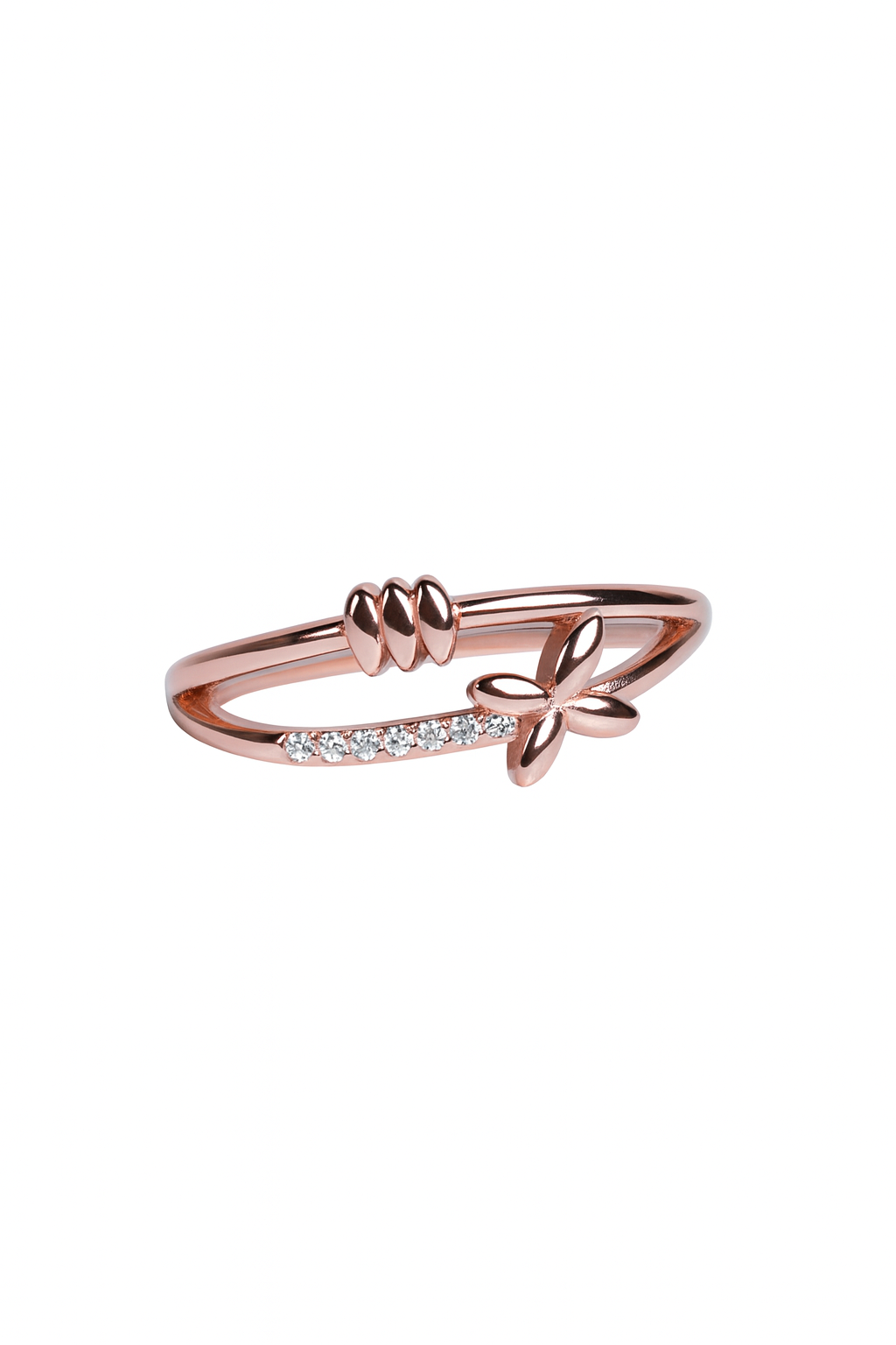 Rose gold ring with butterfly design on a white background