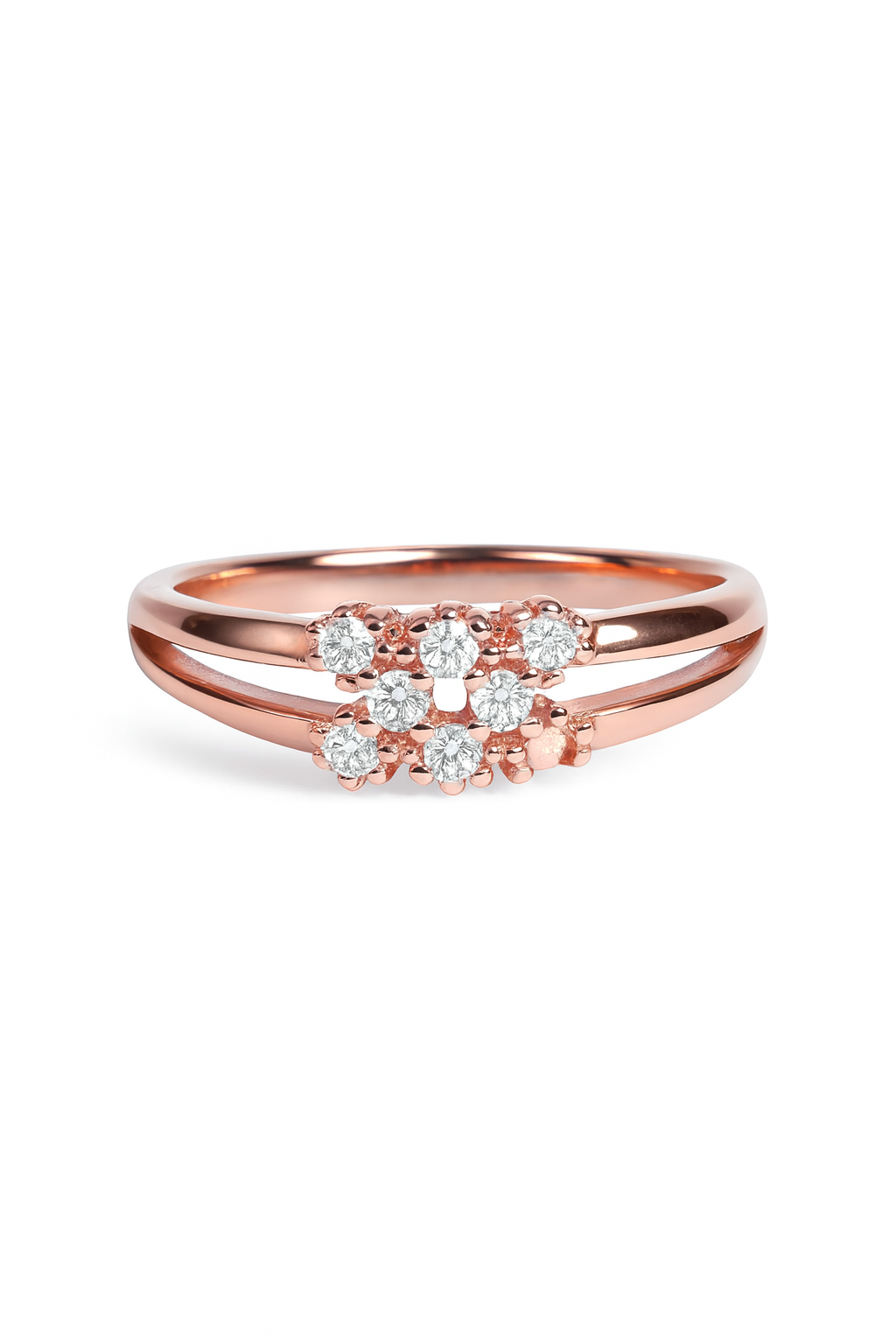 Rose gold ring with diamonds on a white background