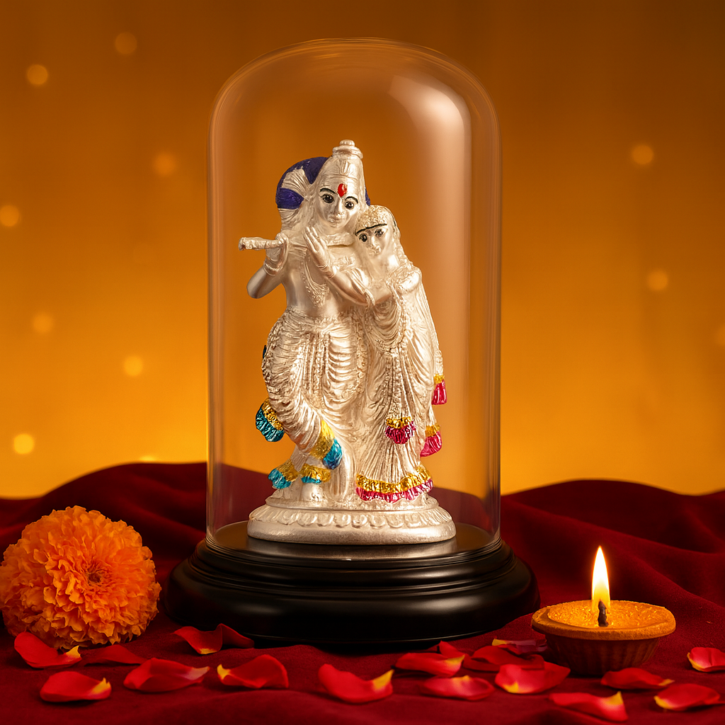 Silver statue of a deity under a glass dome with a candle and marigold flower on a red fabric background