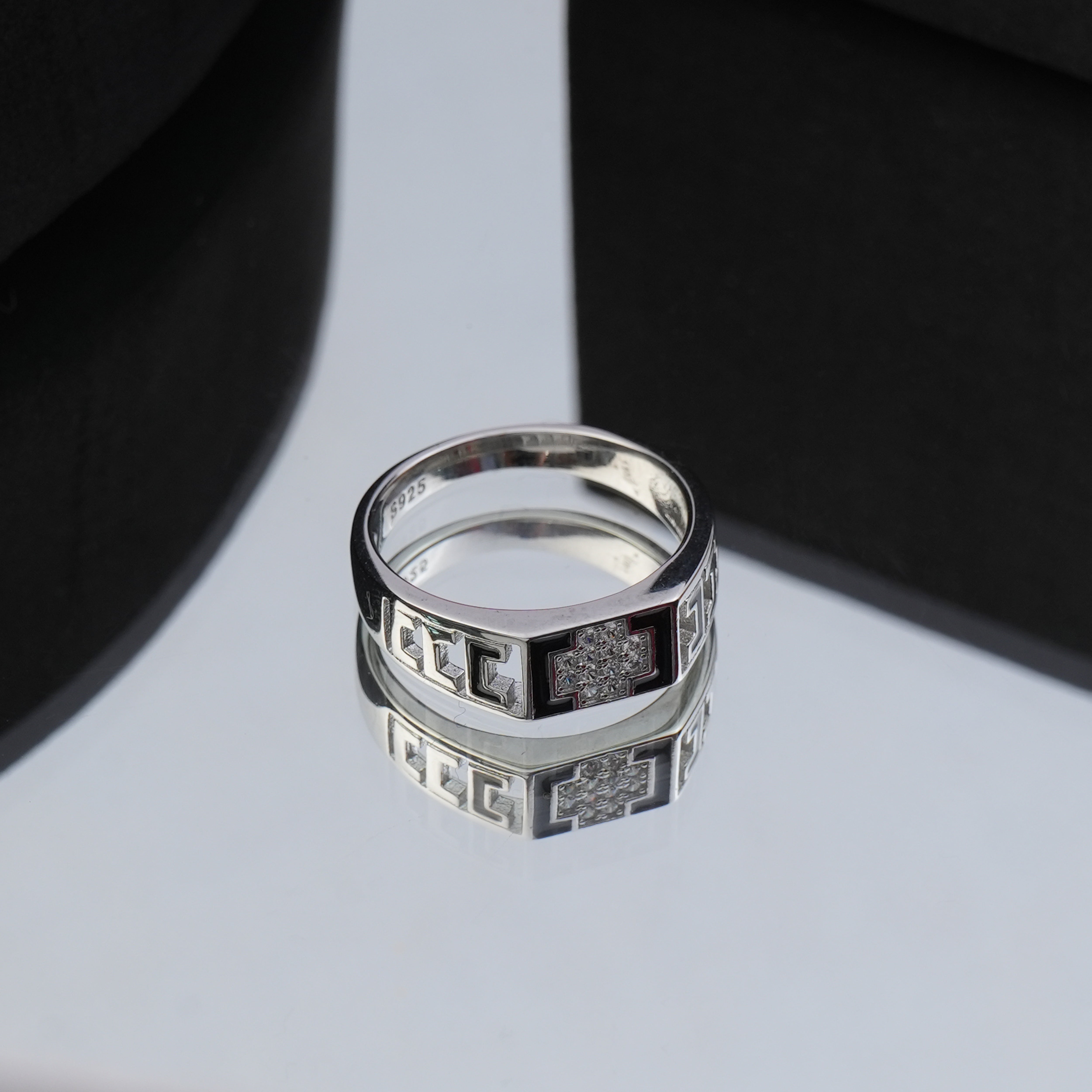 embedded cross silver ring for men