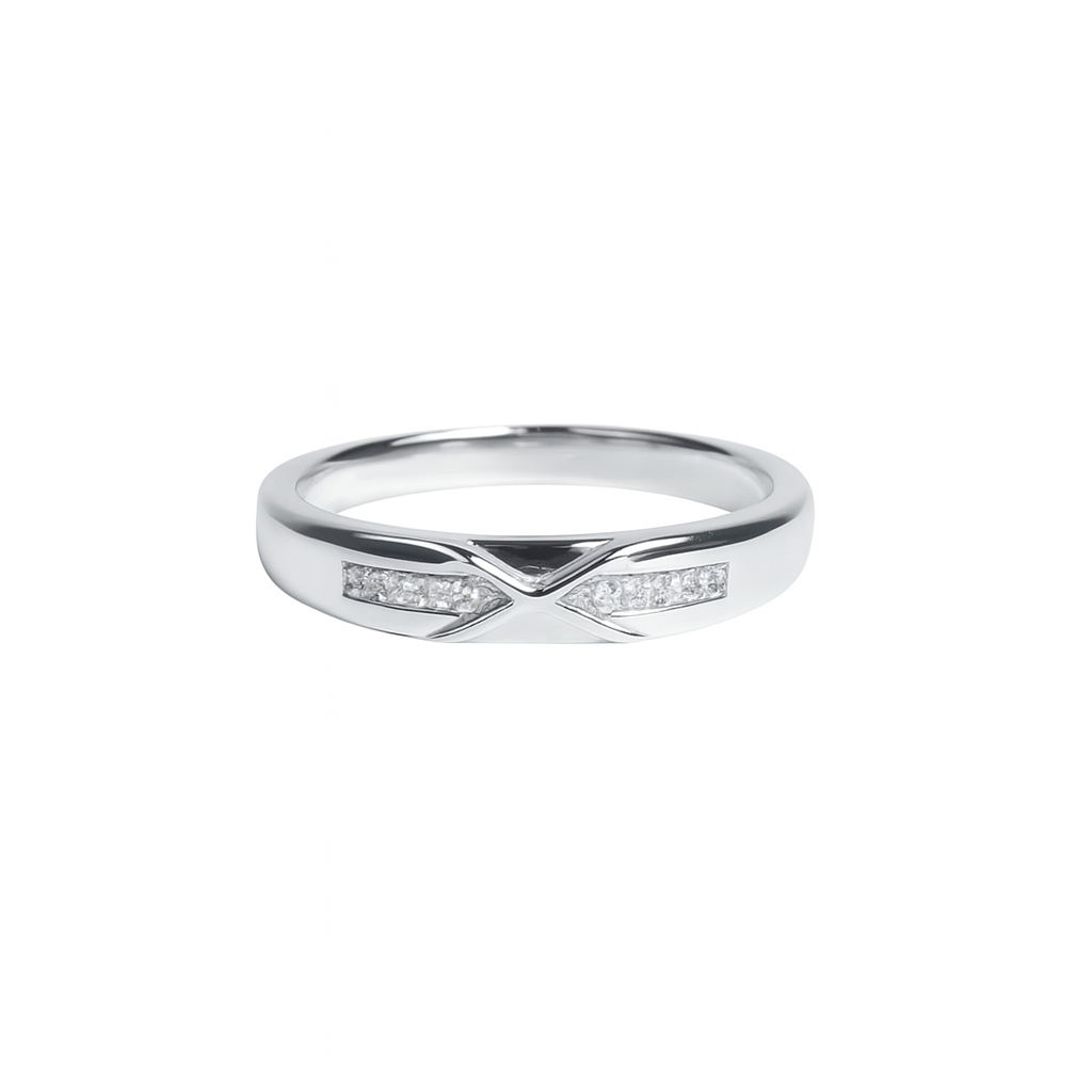 Silver ring with small diamonds on a white background