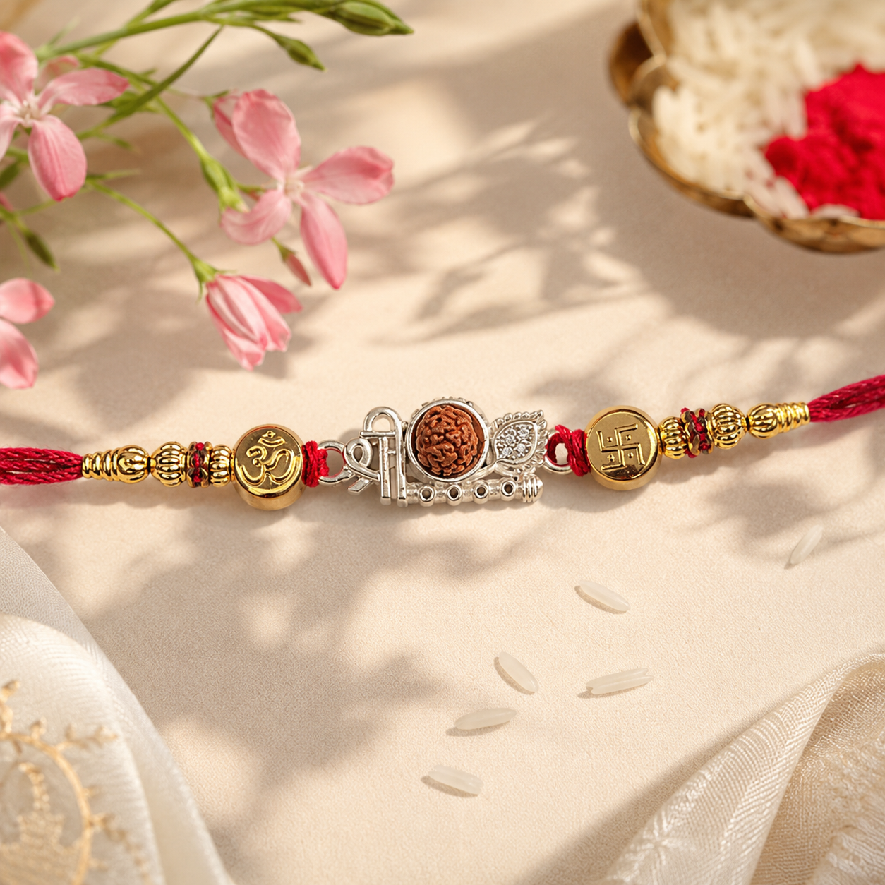 A red and gold string bracelet with a central silver-toned religious charm, displayed on a light beige fabric surface with soft shadows, pink flowers, and decorative props.