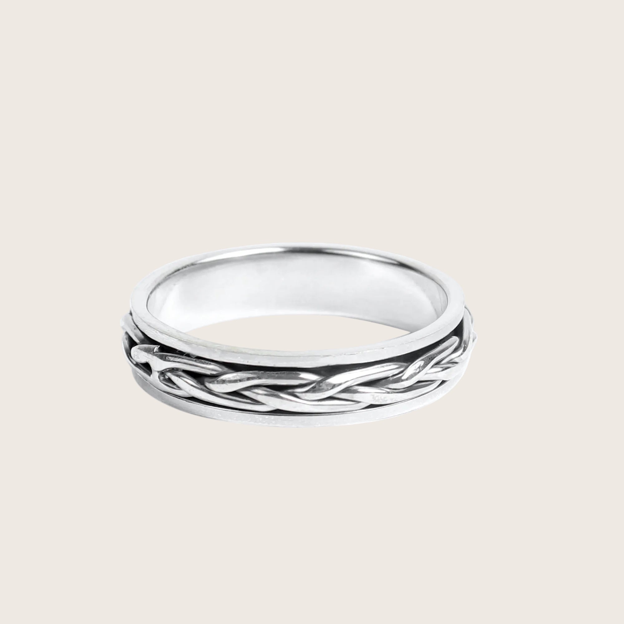 A silver spinner thumb ring with a thin design on a white background.